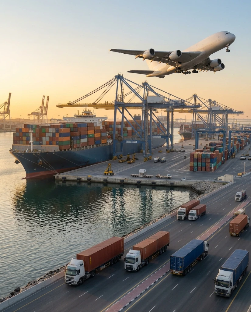 Container ship at port for freight forwarding